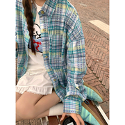 cckok海盐蓝格纹宽松衬衫，2024春夏polo领格子防晒长袖衬衣女