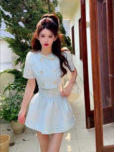 韩系甜美时尚小香风套装裙夏季圆领短款上衣高腰蓬蓬裙ins风