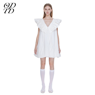 ODTD 设计师品牌云朵白色无袖宽松V领小众设计感公主连衣裙女
