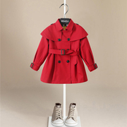 韩版女童风衣外套春秋装英伦风洋气可爱红色女宝宝斗篷大衣伯米吉