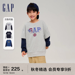 Gap男童秋2023法式圈织785333儿童装假两件2 IN 1 LOGO卫衣