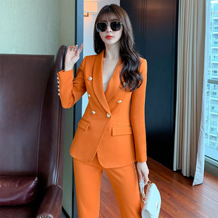 2023春秋西服套装女橙色，高级感时尚气质，职业英伦风西装两件套