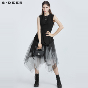 sdeer圣迪奥假两件连衣裙设计感不规则印花网纱无袖长裙S21281211