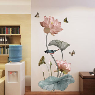 中国风荷花3d立体墙贴自粘玄关墙面装饰贴纸客厅卧室房间温馨贴画