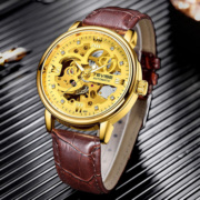 tevise指针式金色表，双面镂空男士腕表男款，防水自动机械手表