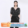 雪歌黑色波点v领短袖衬衣女2023夏新泡泡袖收腰衬衫XI221007B292