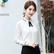 高货速发雪纺衬衫韩版春季长袖气质领结女士白色衬衣修身职业装教