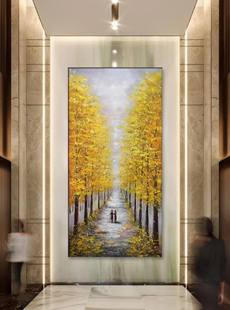 大芬手绘油画一路同行，黄金树抽象轻奢挂画黄金满地玄关走廊装饰画
