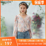 somsom索玛春季女士碎花，雪纺衫长袖上衣，v领时尚洋气打底衫21215