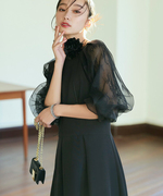 日本海外直邮2024春女装泡泡袖时尚透明网纱气质连衣裙长裙