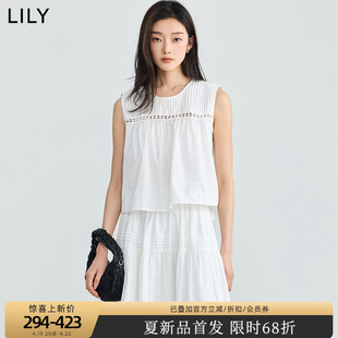 LILY2024夏女装舒适全棉复古百搭设计感蕾丝镂空T恤雪纺衫女