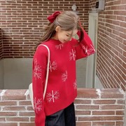耶诞风红色毛衣女(毛，衣女)秋冬季耶诞节，主题氛围感套头雪花针织衫2023