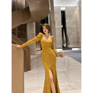 xulu原创轻奢优雅提花蕾丝鱼尾，裙收腰气质长袖雌黄色包臀连衣裙