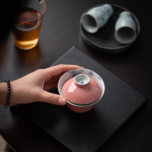 仿古绘青花蝴蝶陶瓷泡，茶碗凤仙粉原矿釉盖碗单个手，粉色还泡茶碗
