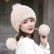 獭兔毛帽子女士秋冬季圆顶加厚保暖菠萝帽毛线帽，可爱甜美包头帽(包头帽)