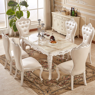 欧式餐桌椅组合大理石，长方形实木餐桌椅子白色，约家用小户型饭桌