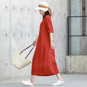 进口色织亚麻 文艺范女装高端气质复古红色V领连衣裙夏季宽松袍子
