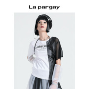 Lapargay纳帕佳2024夏季女装白色上衣拼接假两件短袖圆领套衫