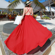 波西米亚裙子2023夏海边沙滩红色裹胸吊带连衣裙女露背开叉大摆裙