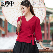 红色中国风改良日常汉服交领上衣春夏民族风女装棉麻复古绣花套装