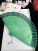 扇子古风中国风折扇女式简约纯色空白折扇复古绿雕刻雕花蜻蜓扇子