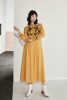XUNRUO熏若 明星同款黄色豹猫刺绣镂空长袖连衣裙 独立设计师品牌