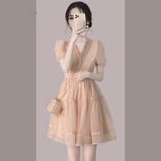 甜美高级感气质小众设计A字裙2024夏季法式泡泡袖雪纺连衣裙