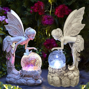 欧式花仙子树脂摆件工艺品太阳能发光水晶球天使雕塑花园装饰摆件