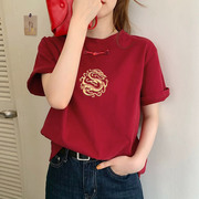 小众新中式短袖t恤女设计感红色纯棉上衣，2024夏季体恤潮
