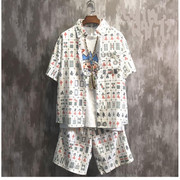 夏季两件套装个性麻将衬衫男设计感小众短袖趣味情侣衬衣街头潮牌