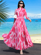 2024女装夏季连衣裙v领飘逸显瘦度假沙滩，裙精致大牌气质长裙