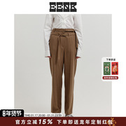 EENK设计师品牌23秋冬棕色高腰条纹双腰头羊毛混纺直筒西装长裤女