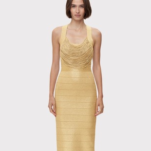 Herve Leger 女士连衣裙胸前流苏金色修身包臀长裙收腰吊带绷带裙