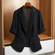 黑色棉麻短袖小西装外套女士2022夏季小个子修身大码薄款上衣