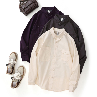春季日系紫色工装衬衫男女微阔型小众休闲宽松口袋衬衣长袖外套潮