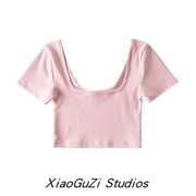 小谷姿欧美深U领性感抹胸T恤女辣妹街头露腰ins复古短款弹力上衣