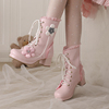 女童冬季高跟鞋儿童粉色公主风，马丁靴中大童中筒靴小女孩加绒短靴