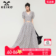 keiko法式复古格纹套装，裙夏季高端植绒小碎花短款上衣+半身长裙子