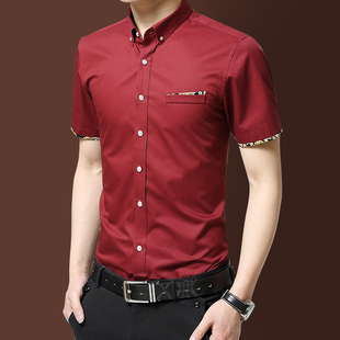 酒红色衬衫衣男短袖夏季薄款设计感小众村杉坠感西装潮流修身衬衣
