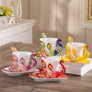 3d个性陶瓷创意孔雀骨瓷咖啡，杯碟勺情人节对杯子欧式茶杯套装优雅