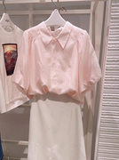 粉色雪纺短袖衬衫女夏季设计感小众小个子衬衣高级感法式气质上衣