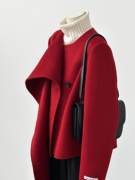2024新年款围巾大红色小个子短款气质羊毛大衣外套