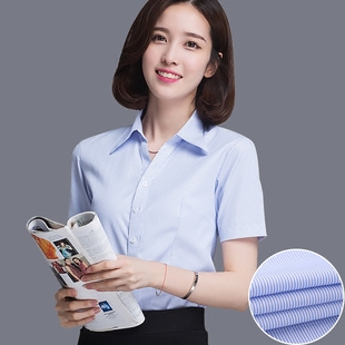 2024夏季女士商务短袖衬衫，白底蓝条纹显瘦职业装v领修身工装衬衣
