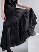 黑色雪纺拼接蕾丝蛋糕，半身裙女夏季2024高腰，垂感a字百褶长裙