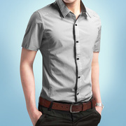 夏季纯棉灰色衬衣男短袖按扣，韩版忖衫称大码拼接衬衫衣半截袖服土