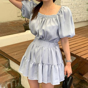 韩国chic夏季纯色泡泡袖，短袖上衣+松紧腰，半身裙短裙时尚套装