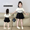 女童短袖字母T恤烫钻牛仔裤夏装24韩版时髦儿童短款夏季上衣