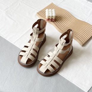 夏季罗马风凉鞋学生女鞋，露趾平跟软底舒适编织高帮日系厚底鞋