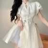 新中式白色旗袍连衣裙2024夏季设计感气质蕾丝拼接裙撑蓬蓬公主裙