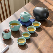 高档陶瓷茶杯 快客一壶二杯四杯便携包式带茶叶罐茶壶旅行茶具套
